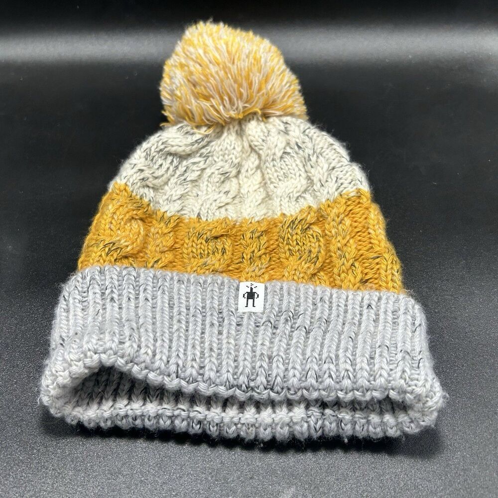 Smartwool Beanie Unisex Yellow Grey Merino Wool Blend Knit Puff Ball Pull On